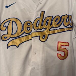 White Dodgers Jersey with Gold and Red Accents Outlined in Rhinestones